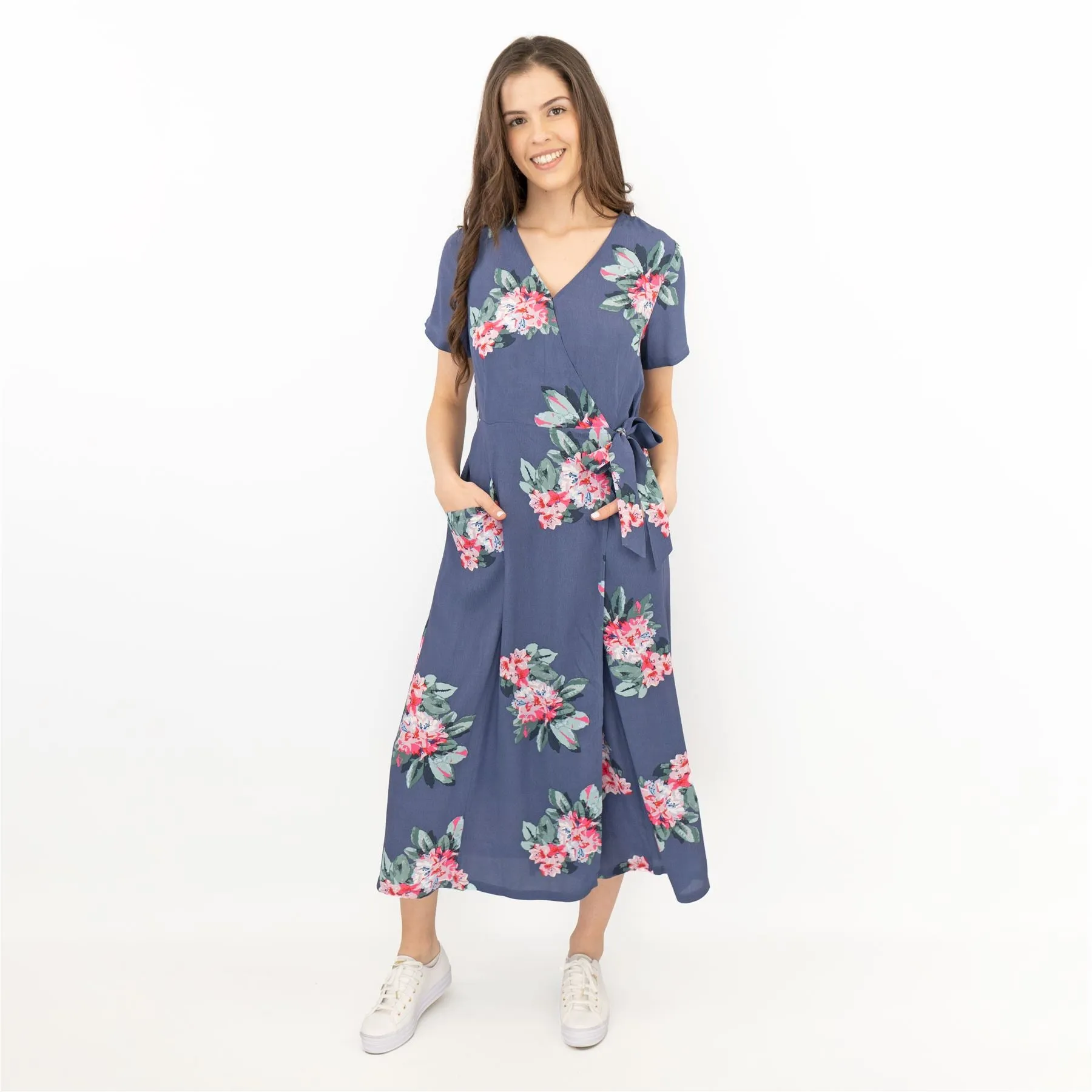 Joules Callie Floral Print Blue Cross Wrap Short Sleeve Midi Dresses with Pockets