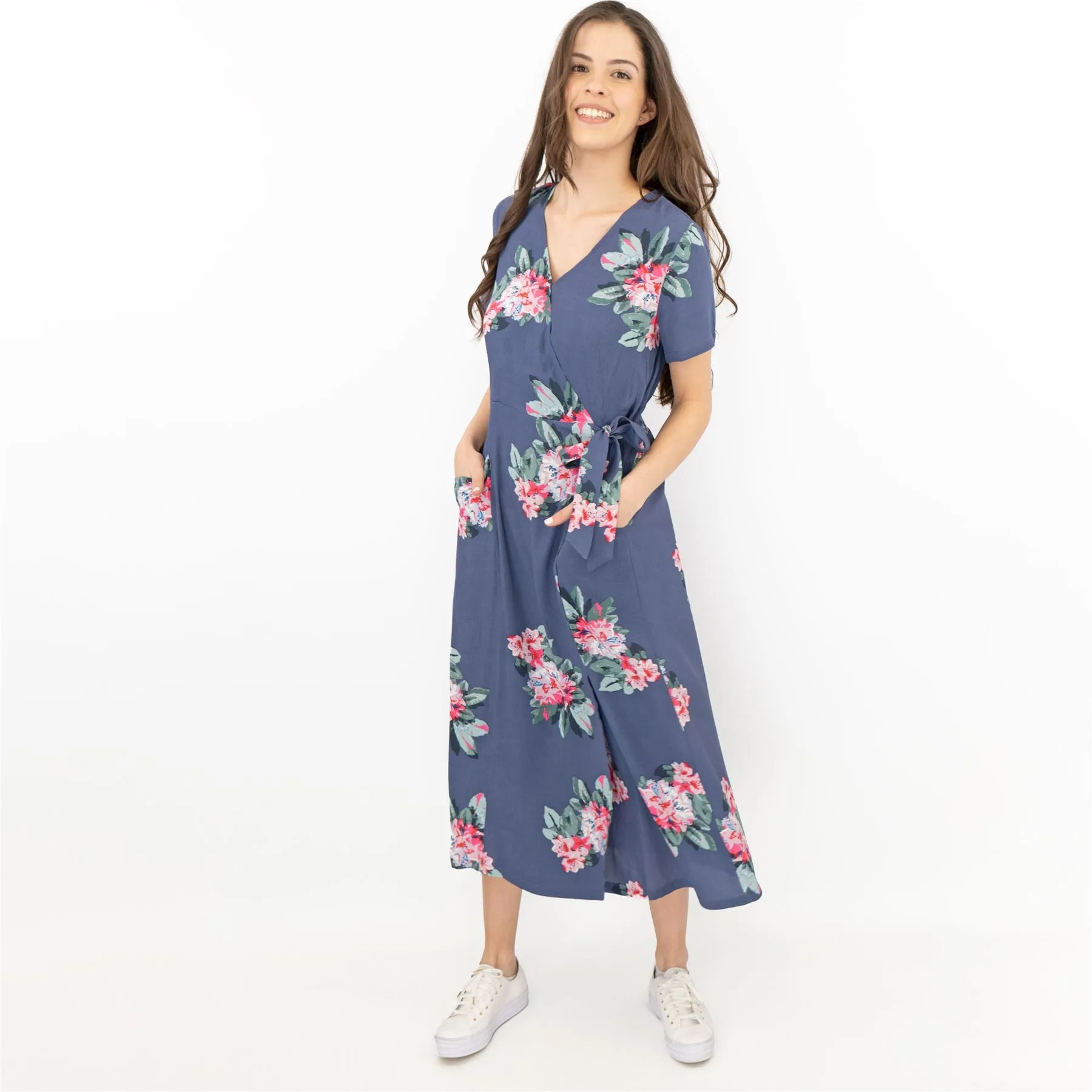 Joules Callie Floral Print Blue Cross Wrap Short Sleeve Midi Dresses with Pockets