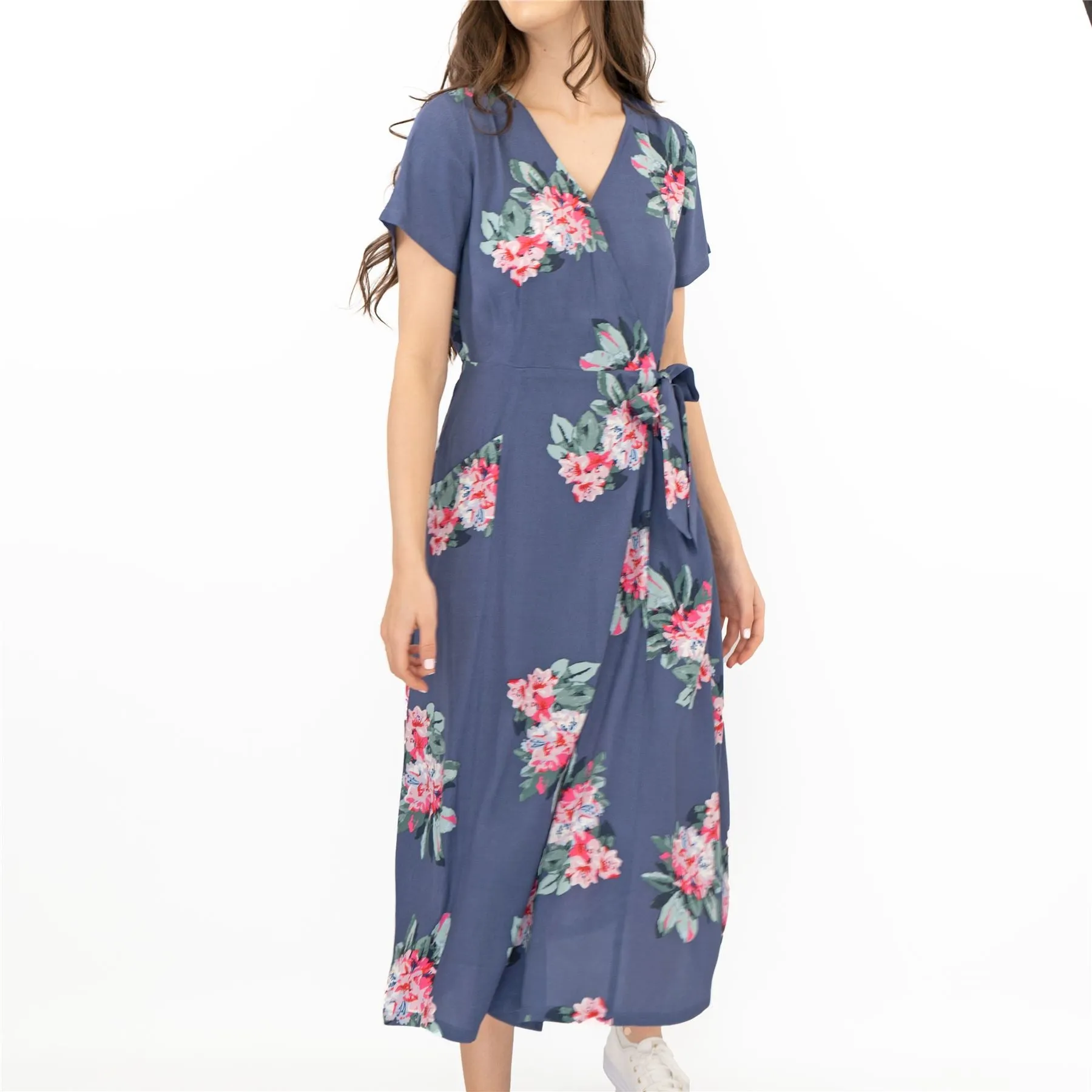 Joules Callie Floral Print Blue Cross Wrap Short Sleeve Midi Dresses with Pockets