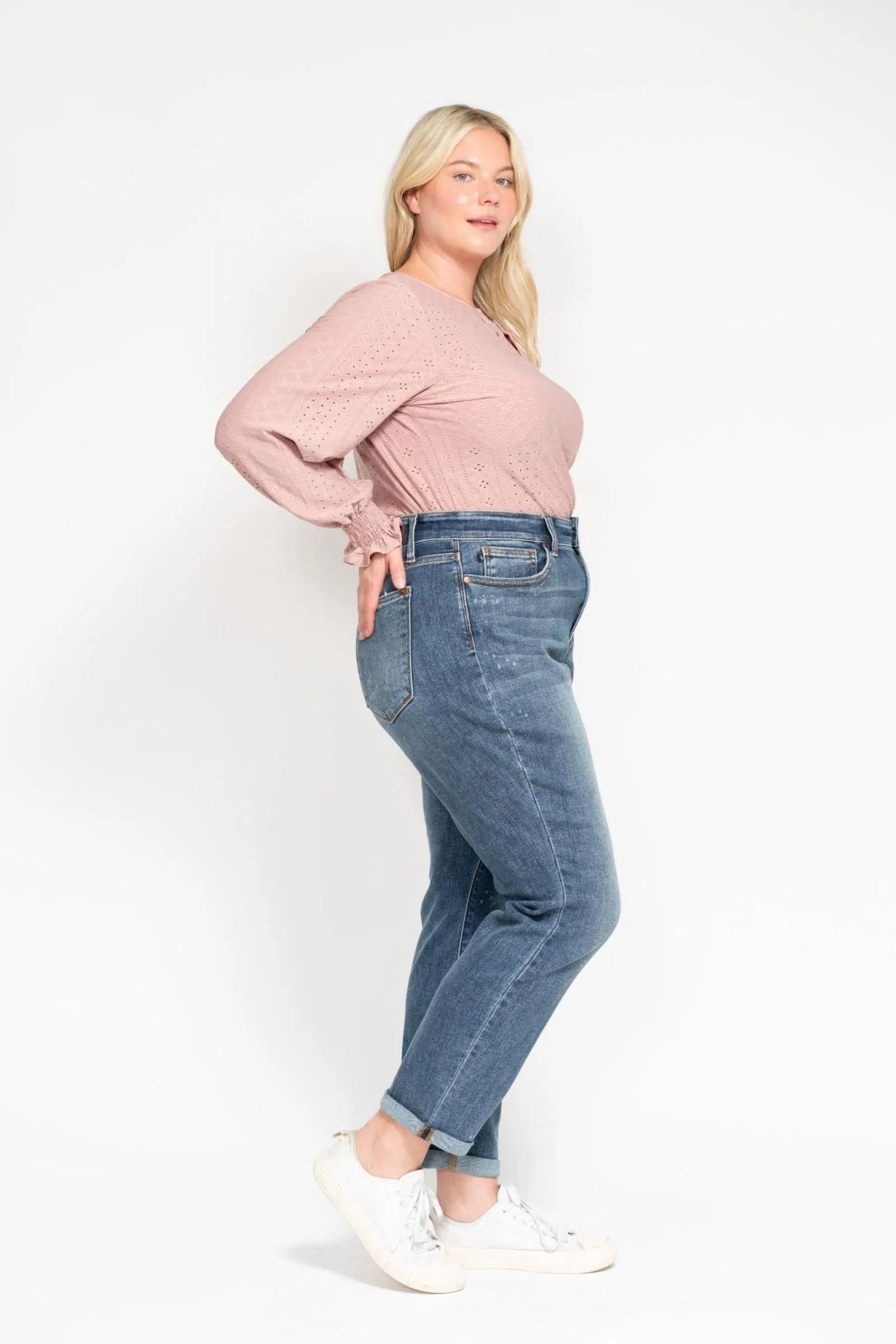 Judy Blue Reg/Plus High Waist Bleach Splash Boyfriend Jeans