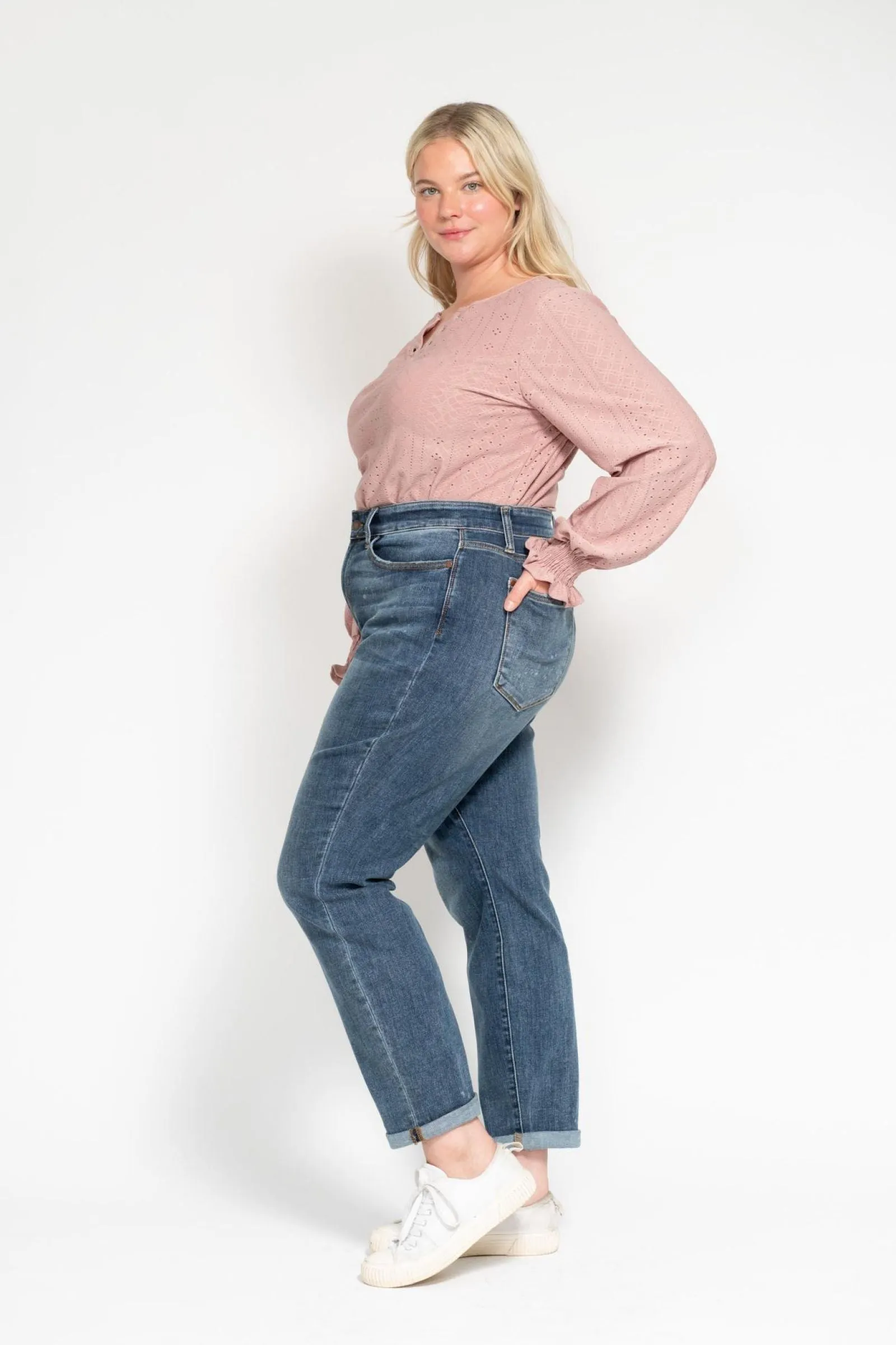 Judy Blue Reg/Plus High Waist Bleach Splash Boyfriend Jeans