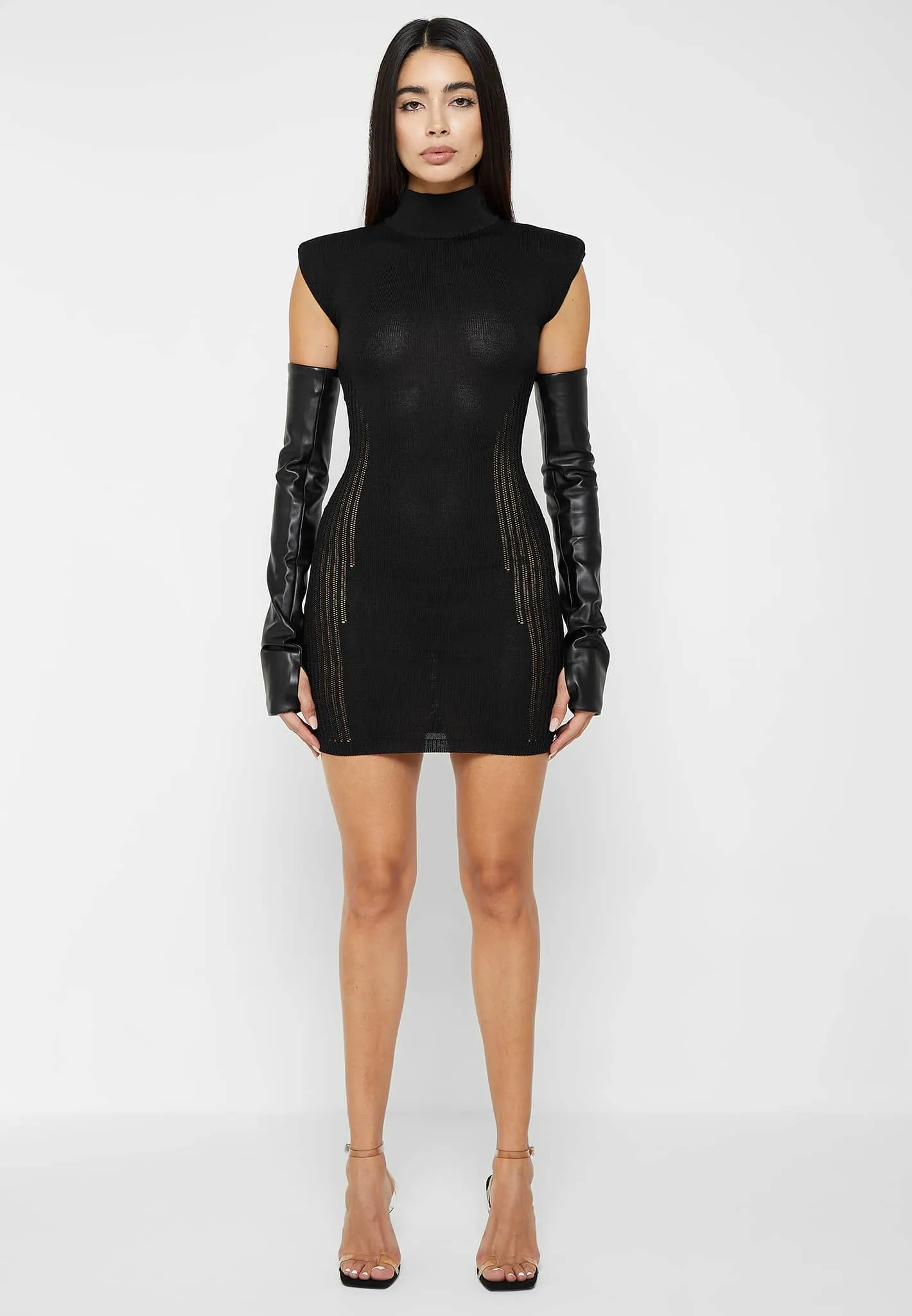 Knitted Contour Dress with Leather Sleeves - Black