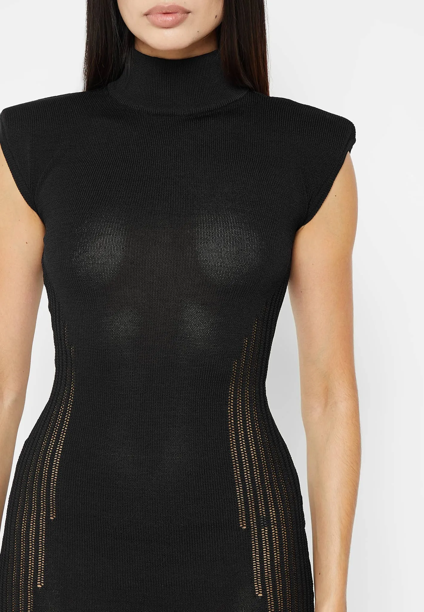 Knitted Contour Dress with Leather Sleeves - Black