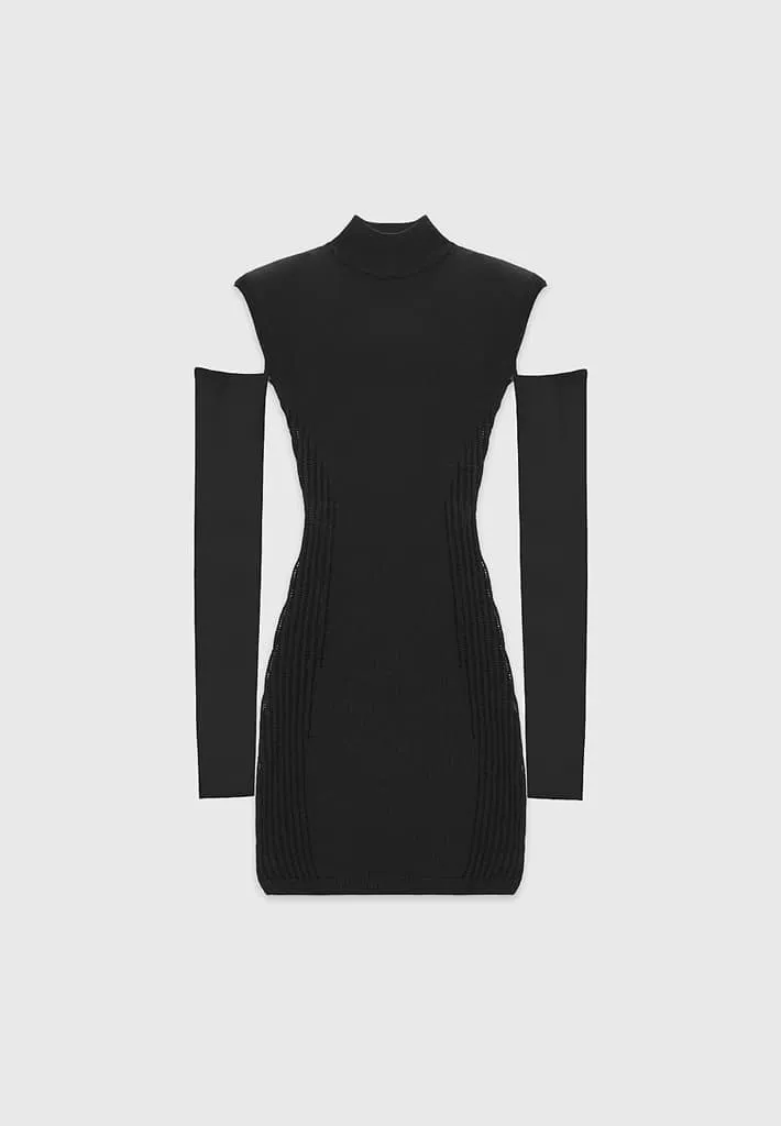 Knitted Contour Dress with Leather Sleeves - Black