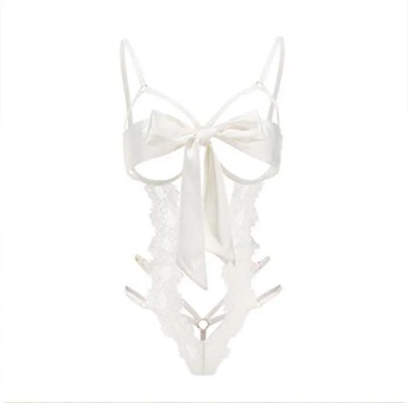 Lace Front Bow Open Bra Teddy Set