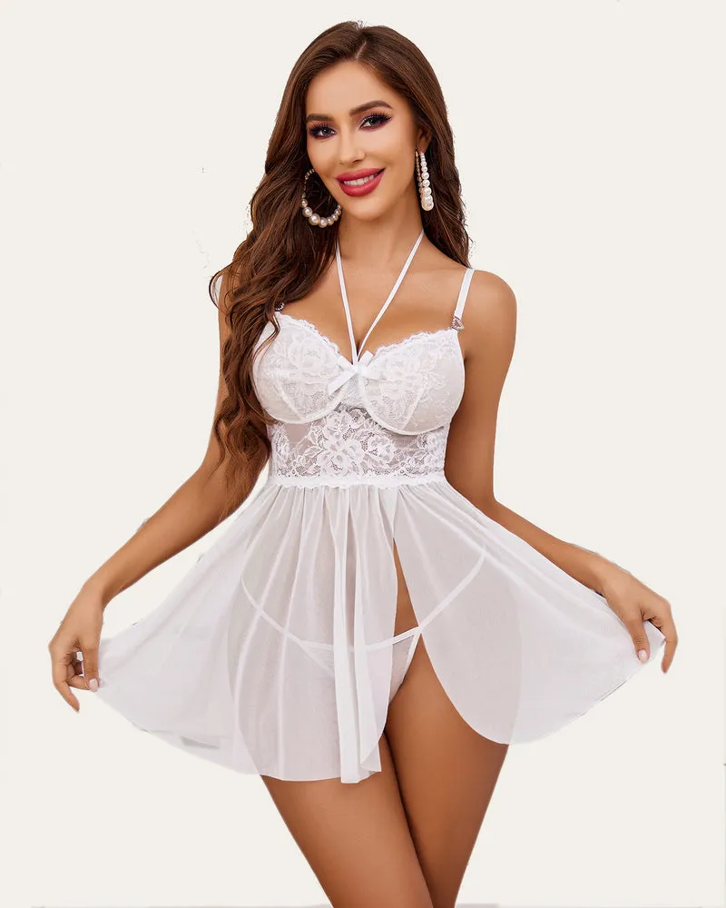 Lace Print Babydoll Mesh Slit Boudoir Sleepdress