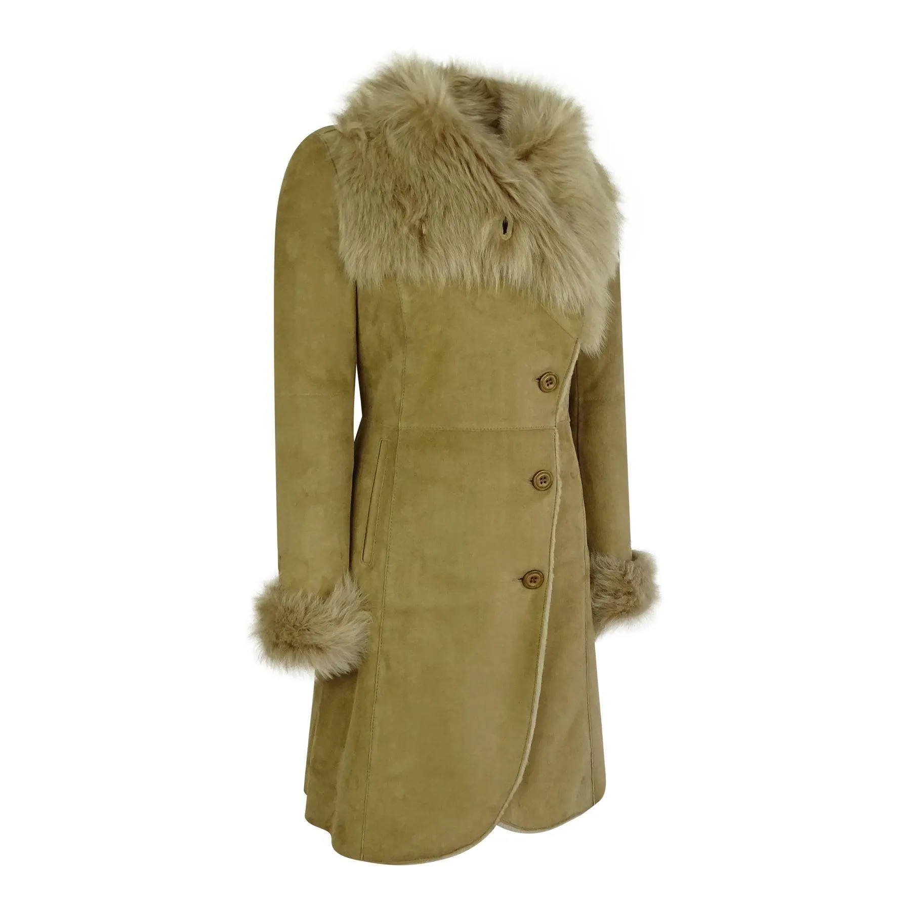 Ladies Real Sheepskin Jacket Suede Button Tailored Fit 3/4 Long Trench Coat Italian