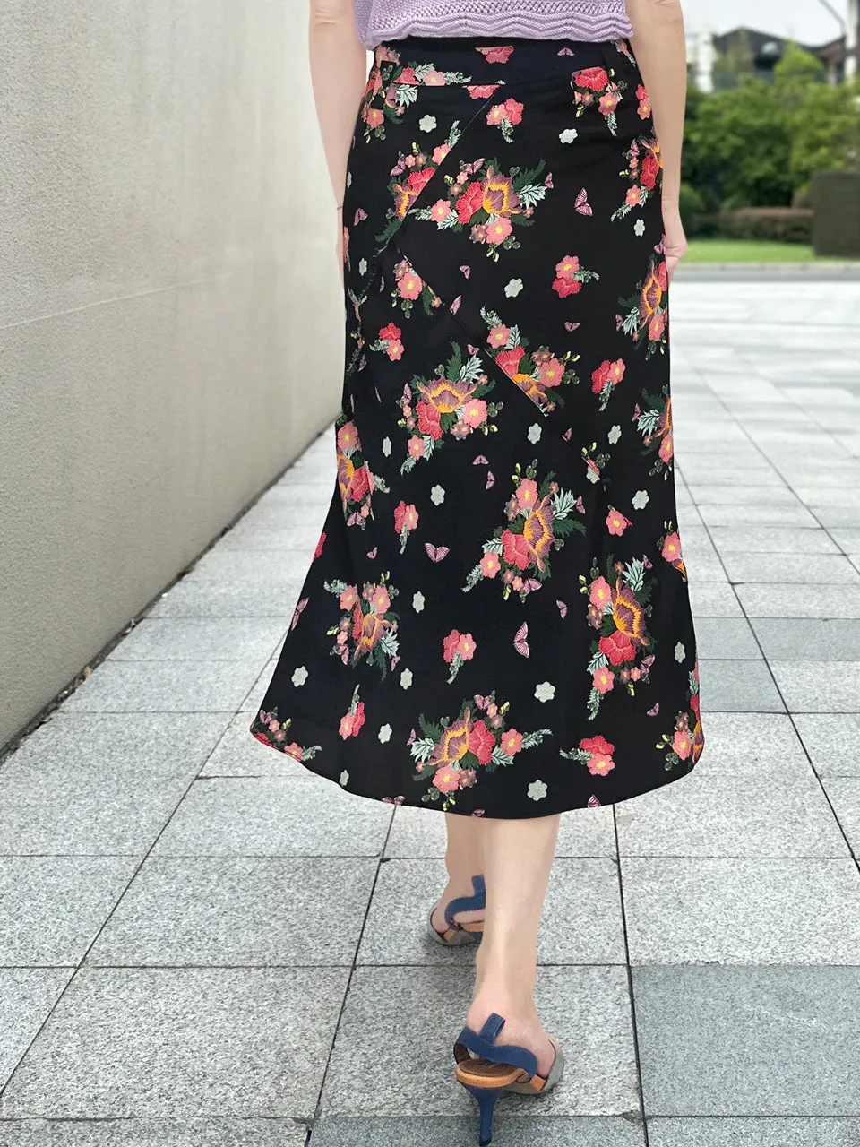 Last Chance! Black Floral Layered Waist A-line Breezy Midi Skirt