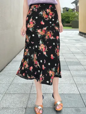 Last Chance! Black Floral Layered Waist A-line Breezy Midi Skirt