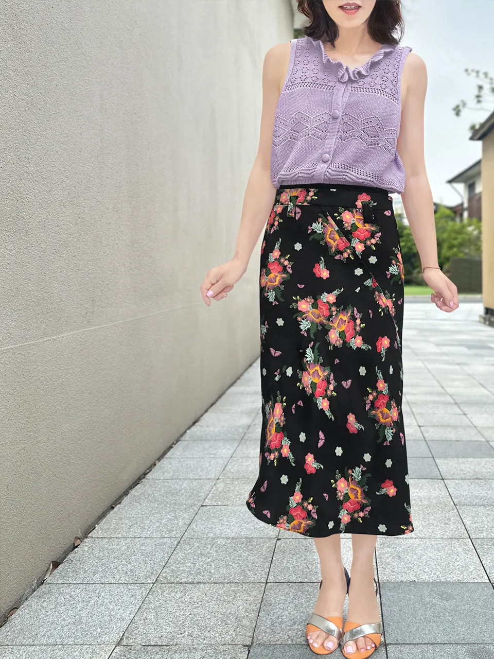 Last Chance! Black Floral Layered Waist A-line Breezy Midi Skirt