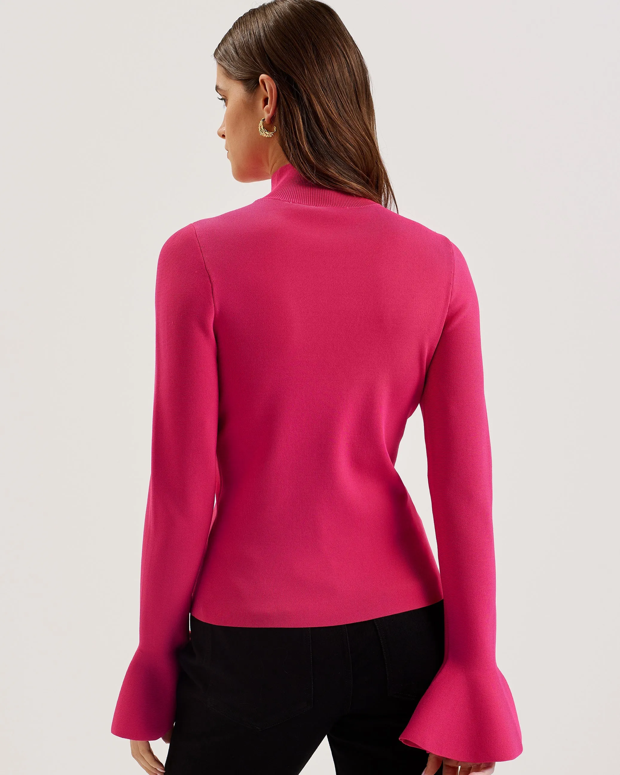 Laynha High Neck Knitted Frill Sleeve Top Fuchsia