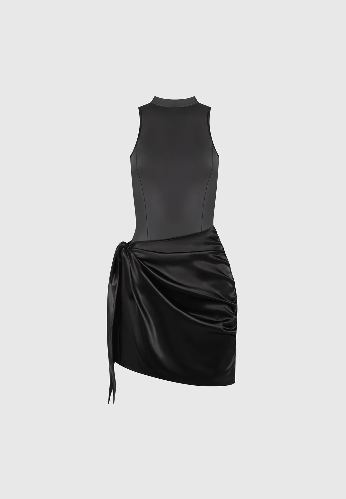 Leather & Satin Wrap Bodycon Dress - Black