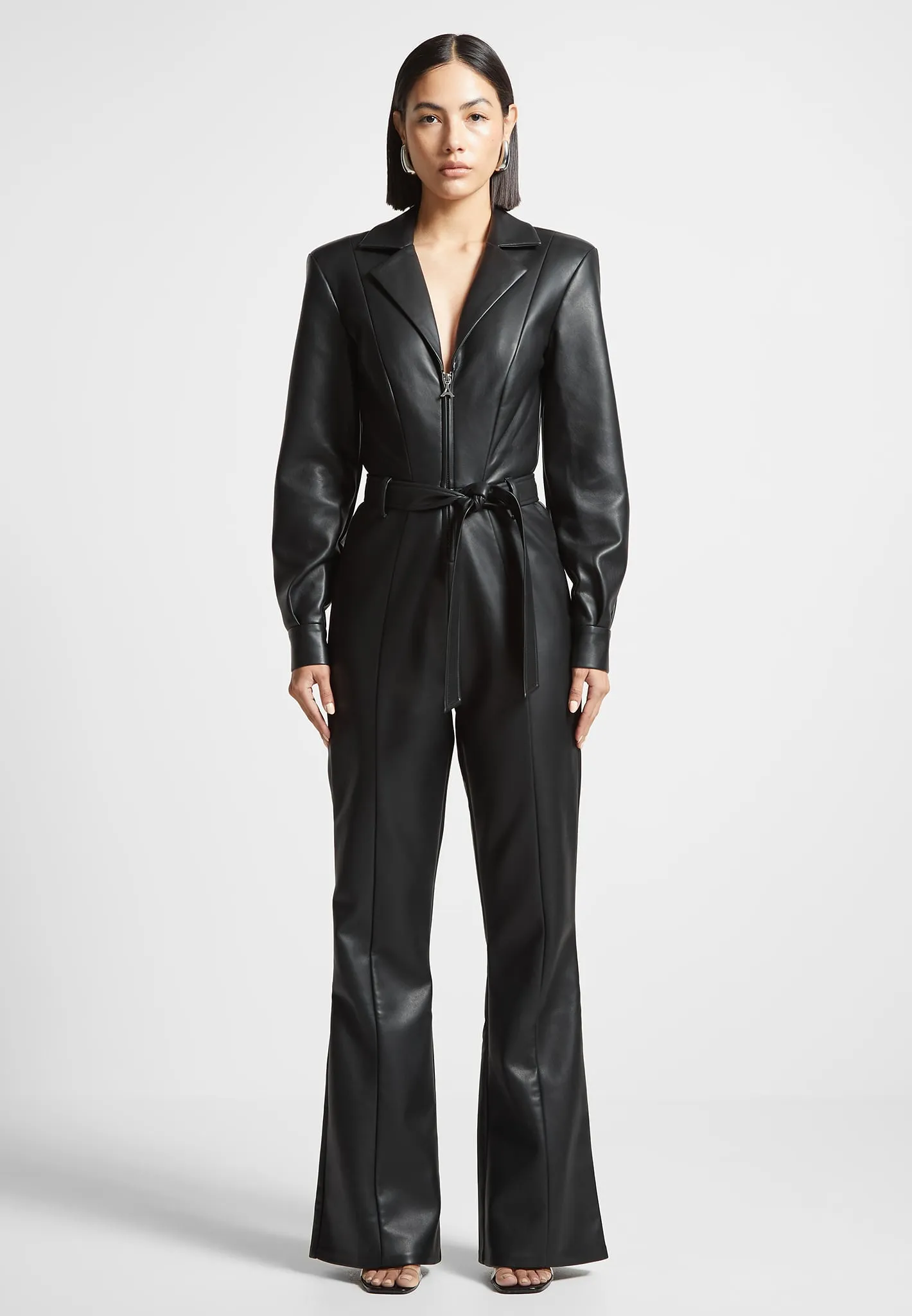 Leather Fit and Flare Belted Jumpsuit - Black