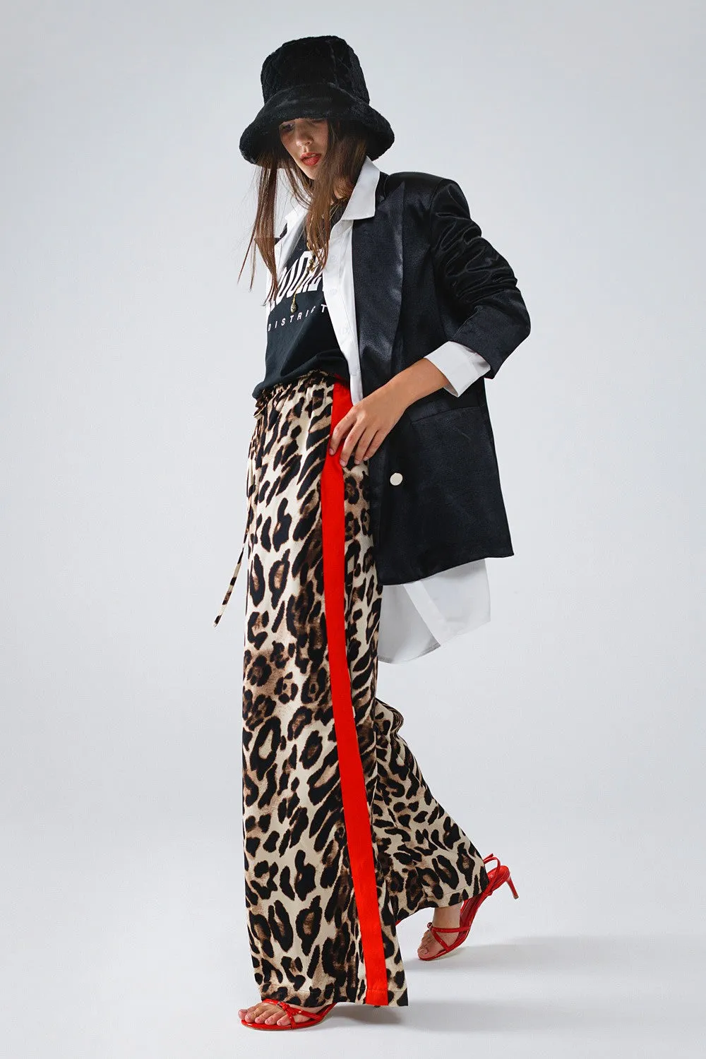 Leopard Straight Pants With Red Stripes