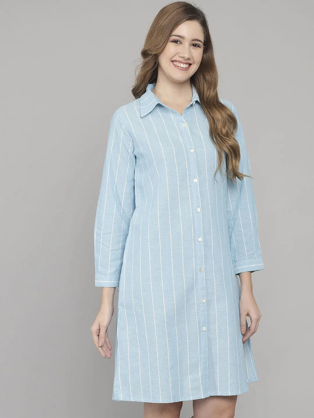 Light Blue And White Stripe Knee Length Cotton Sleep Shirt