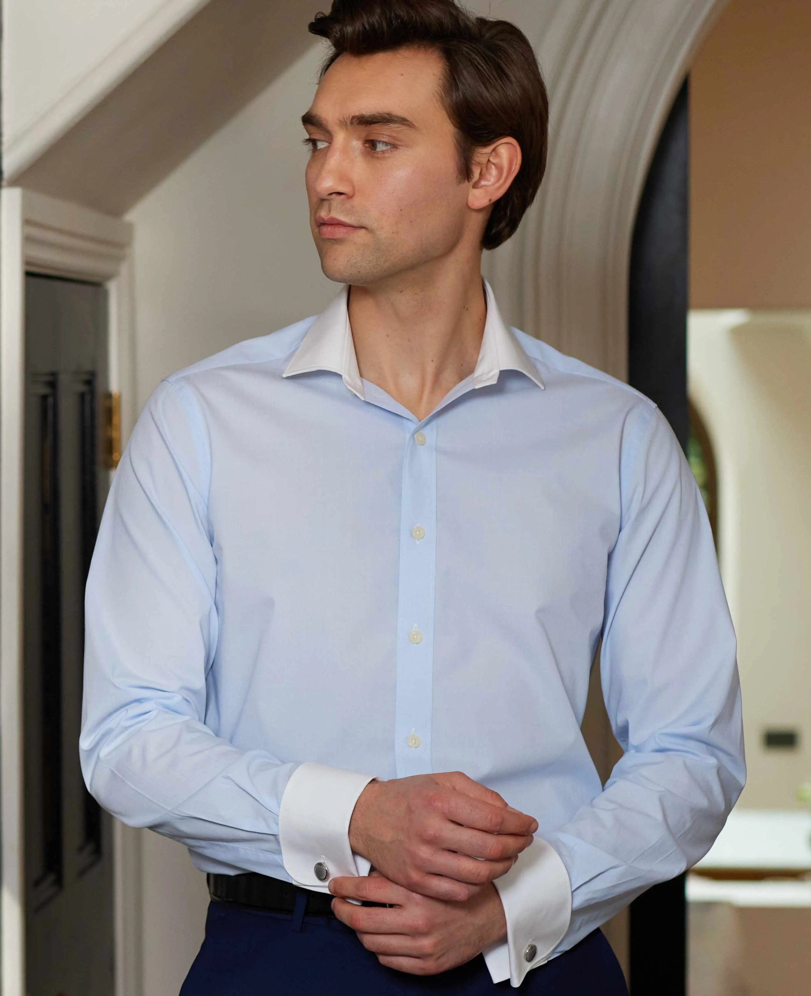 Light Blue Slim Fit Contrast Collar Shirt - Double Cuff