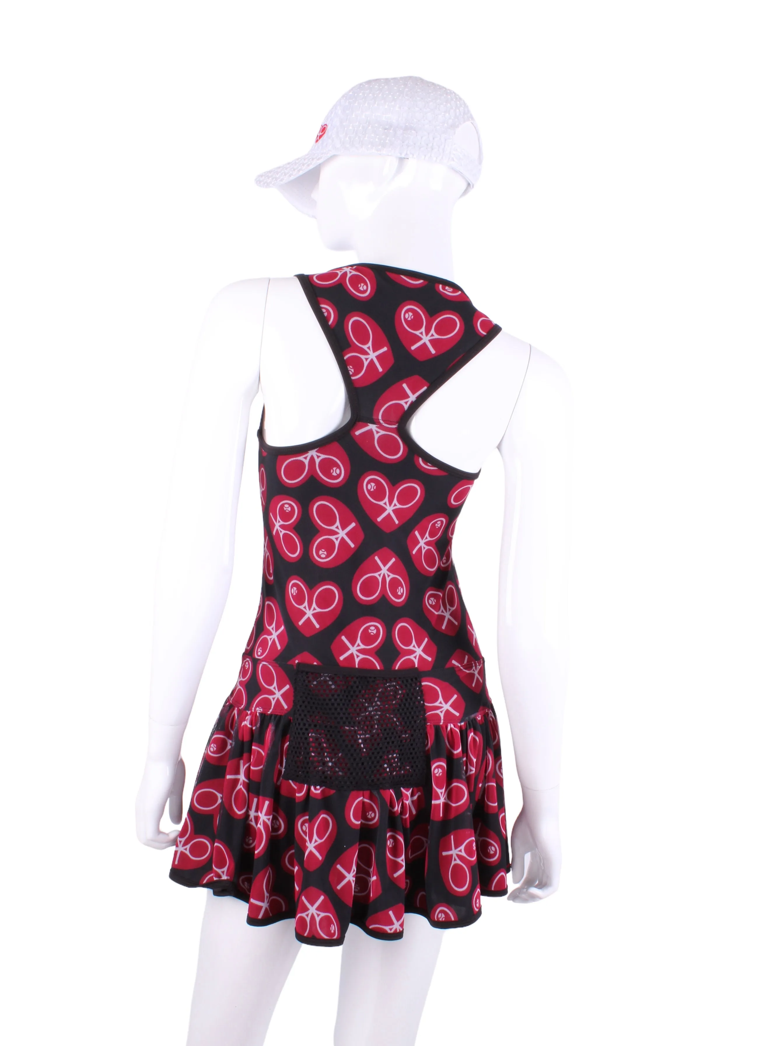 Limited V1 Sandra Dee Court To Cocktails Tennis Dress Black Mesh With N/E/S/W Red Hearts