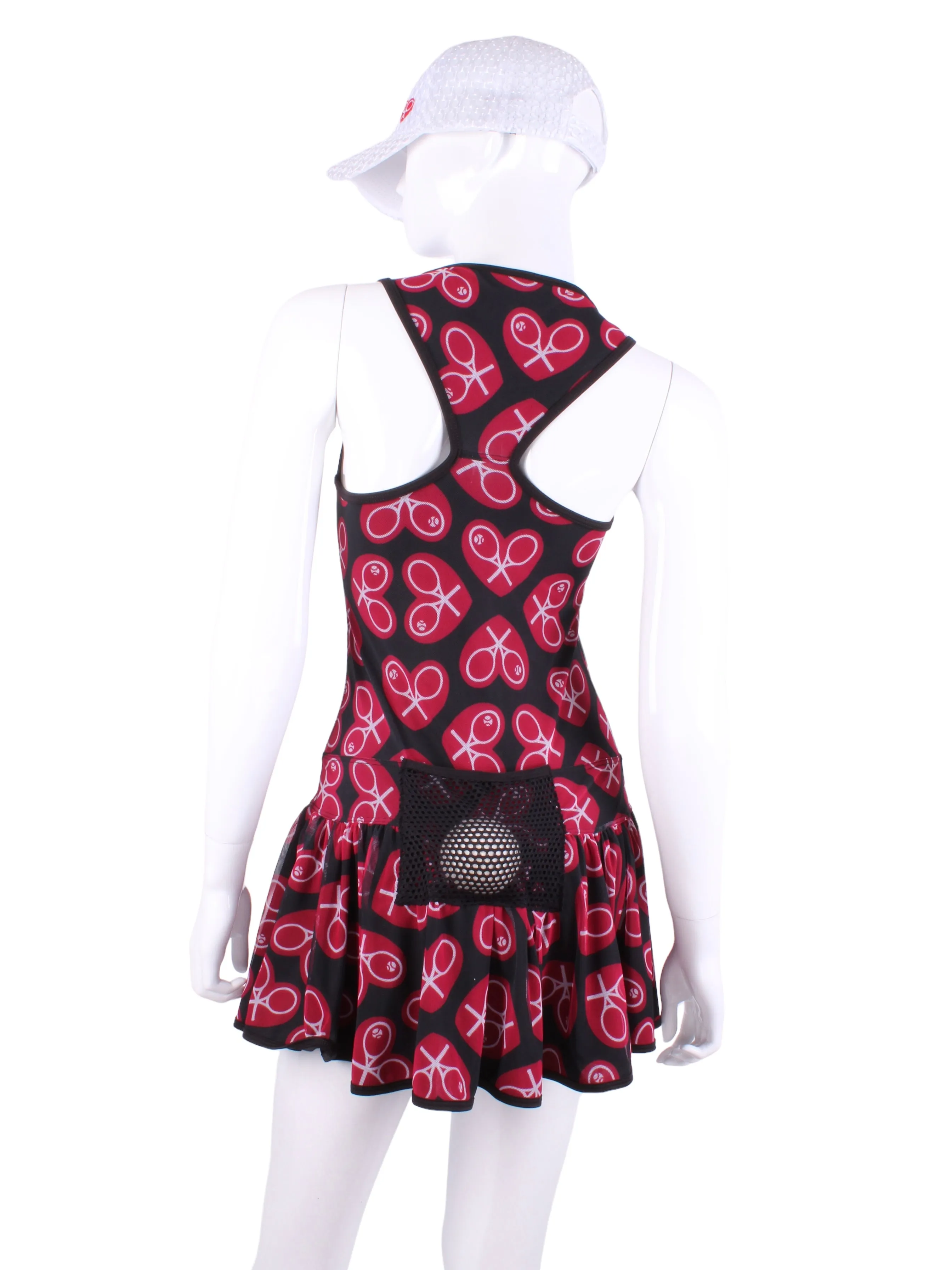 Limited V1 Sandra Dee Court To Cocktails Tennis Dress Black Mesh With N/E/S/W Red Hearts