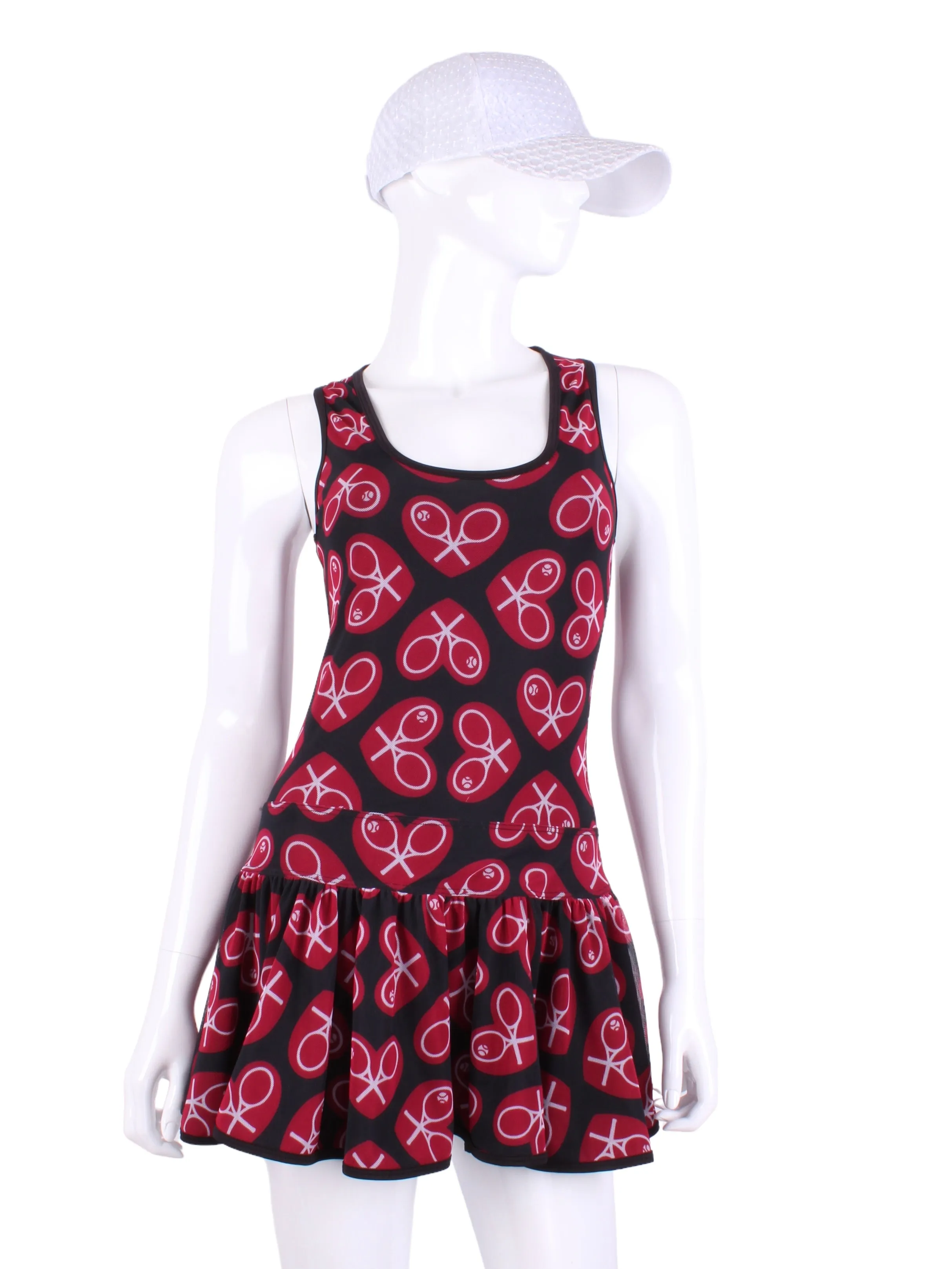 Limited V1 Sandra Dee Court To Cocktails Tennis Dress Black Mesh With N/E/S/W Red Hearts