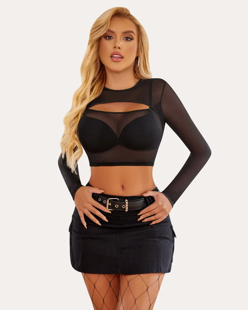 Long Sleeve Mesh Crop Top See Through Shirt