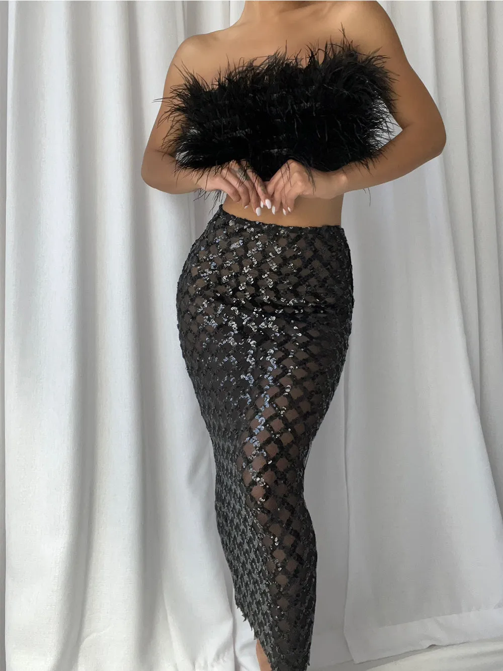 MAGLINA Feather Top & Sequins Skirt Set in Black