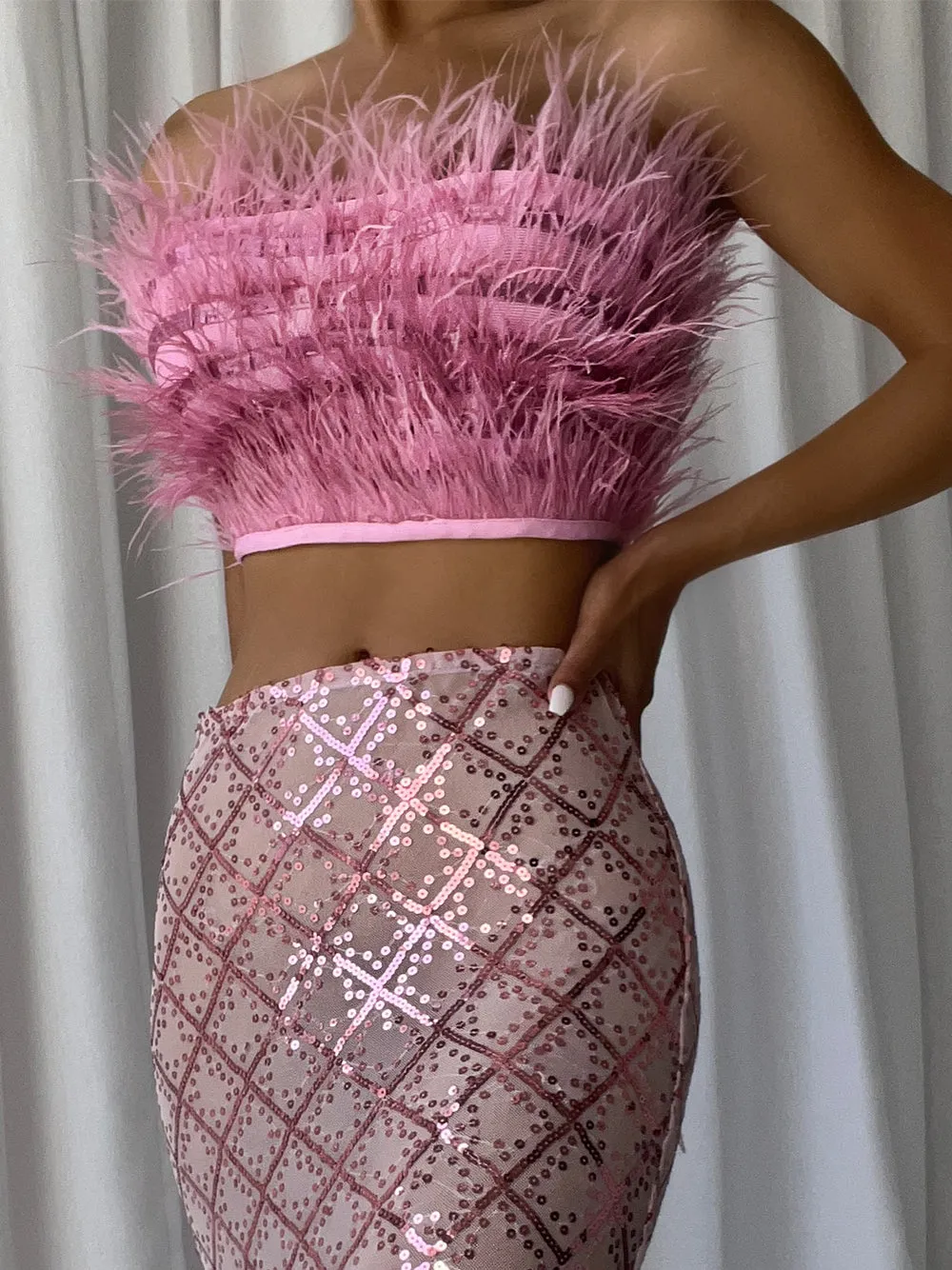 MAGLINA Feather Top & Sequins Skirt Set in Pink