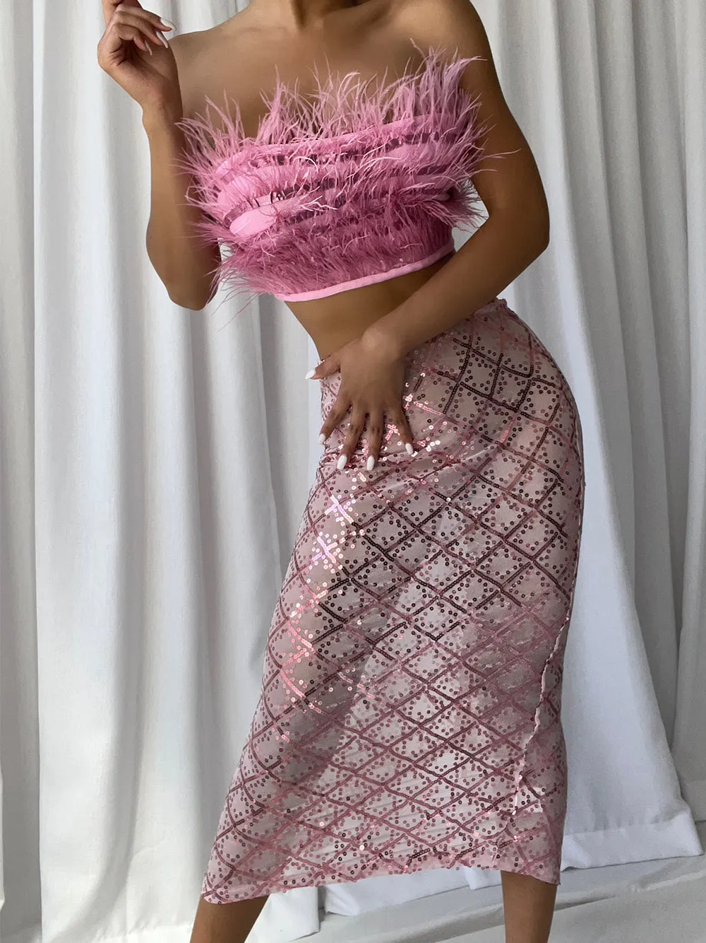 MAGLINA Feather Top & Sequins Skirt Set in Pink