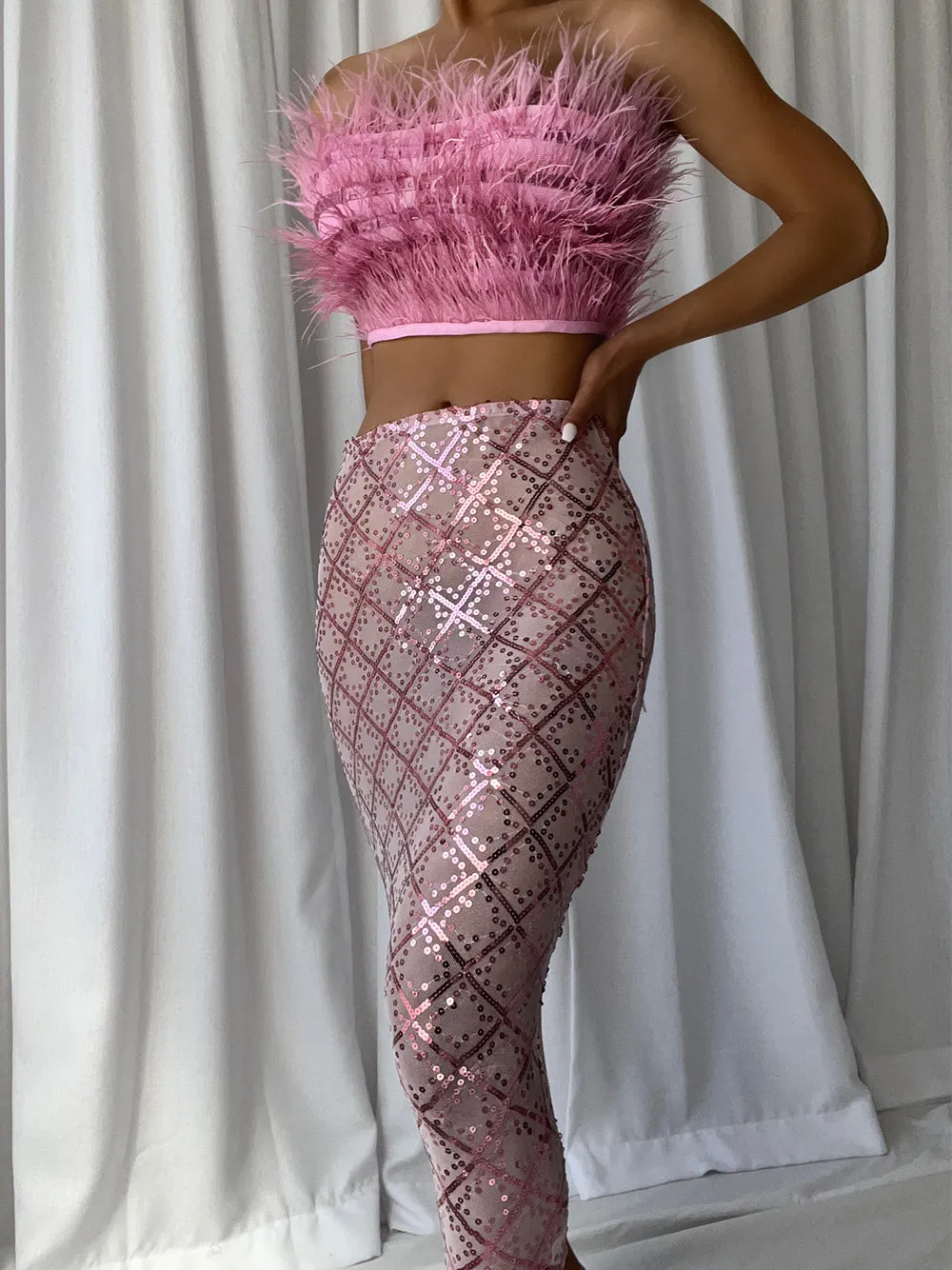 MAGLINA Feather Top & Sequins Skirt Set in Pink