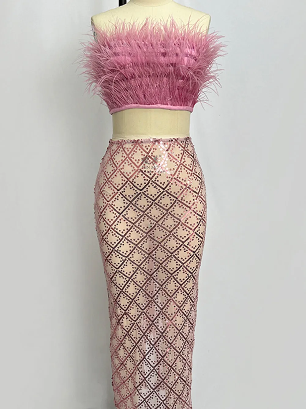 MAGLINA Feather Top & Sequins Skirt Set in Pink