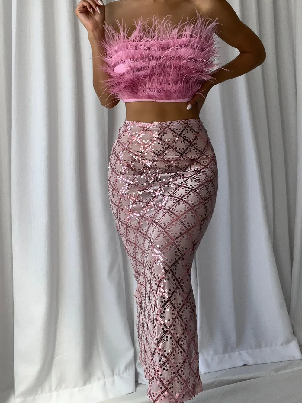 MAGLINA Feather Top & Sequins Skirt Set in Pink