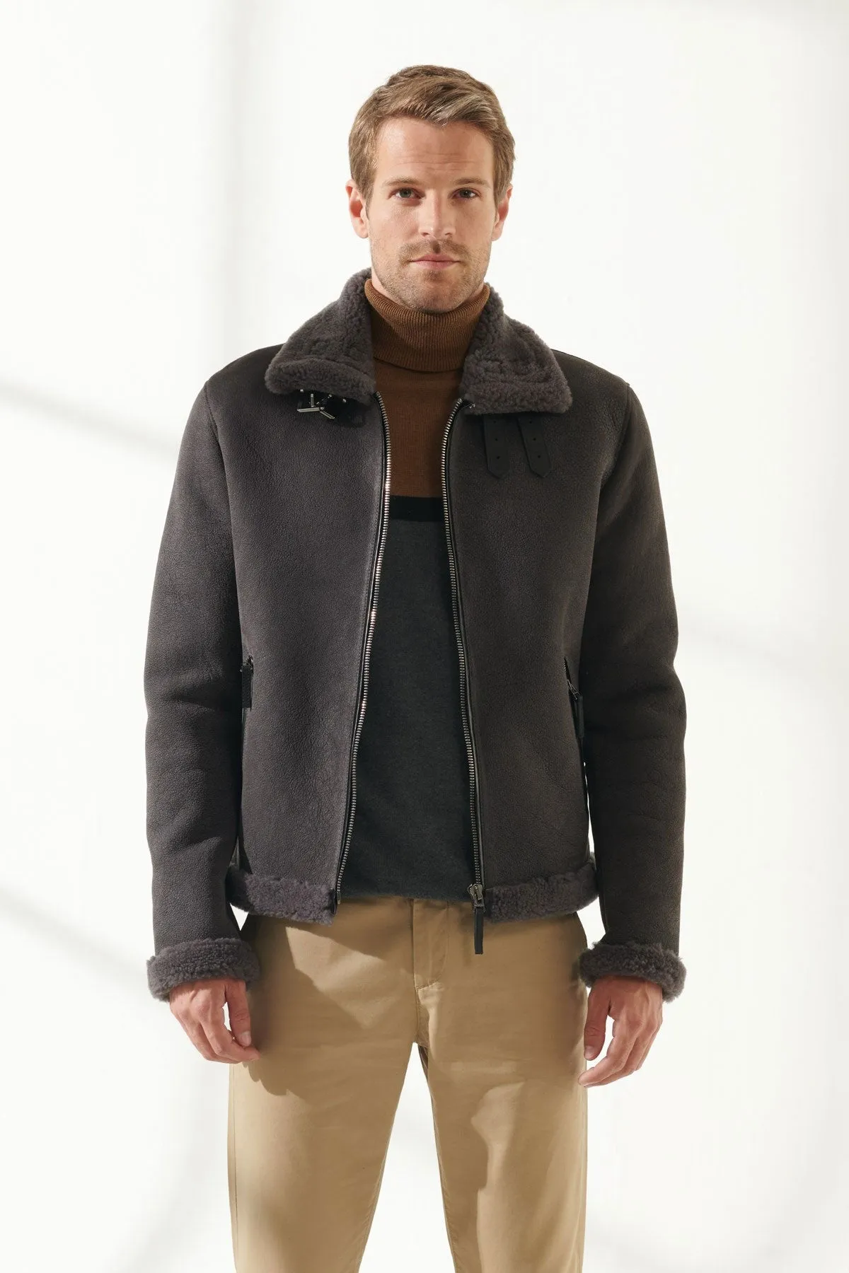 Men Aviator Grey Shearling Jacket