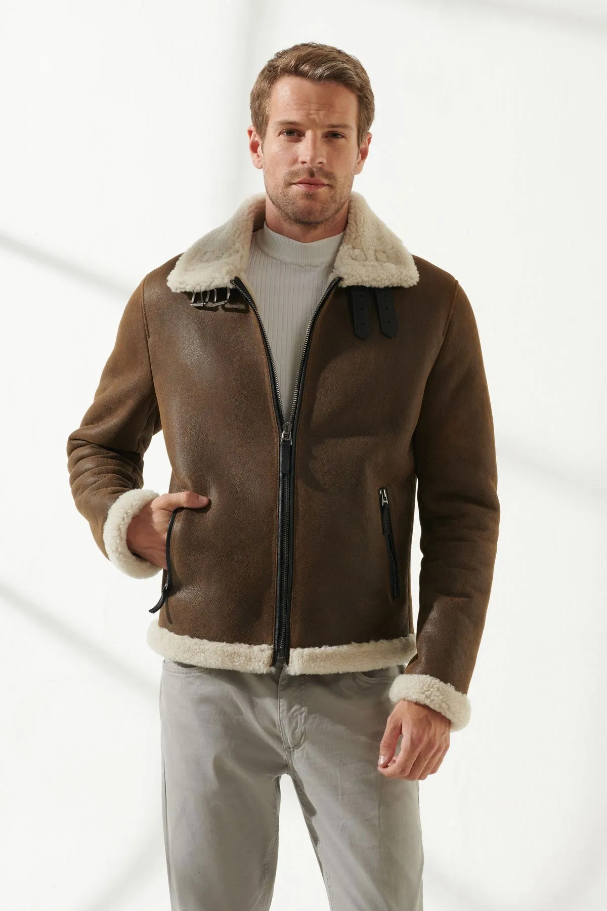 Men Aviator Tan&Off-White Shearling Jacket