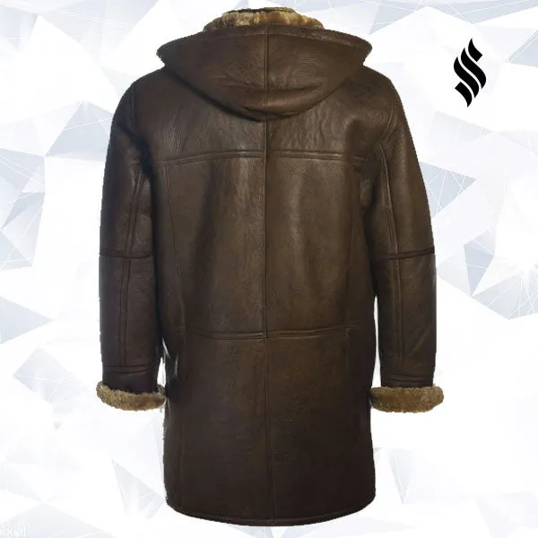 Men Brown Shearling Hoodie Coat