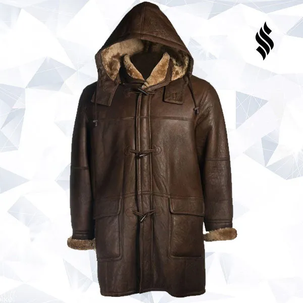 Men Brown Shearling Hoodie Coat