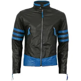 Men's Black Leather Motorcycle Racing Jacket with Blue Stripes