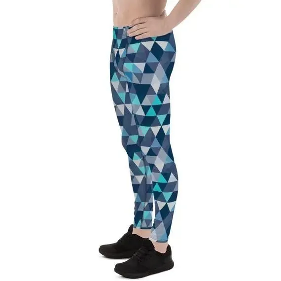 Men's Blue Geometric Triangles Mens Leggings - Moisture Wicking, Quick Drying, Compression Fit