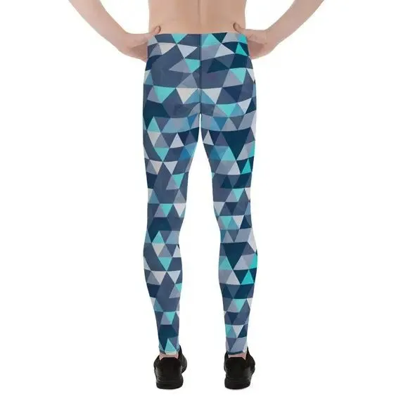 Men's Blue Geometric Triangles Mens Leggings - Moisture Wicking, Quick Drying, Compression Fit