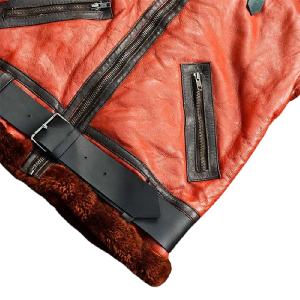 Men's Orange Leather Brown Shearling Aviator Jacket