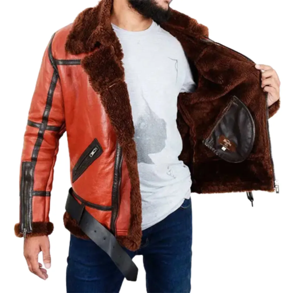 Men's Orange Leather Brown Shearling Aviator Jacket