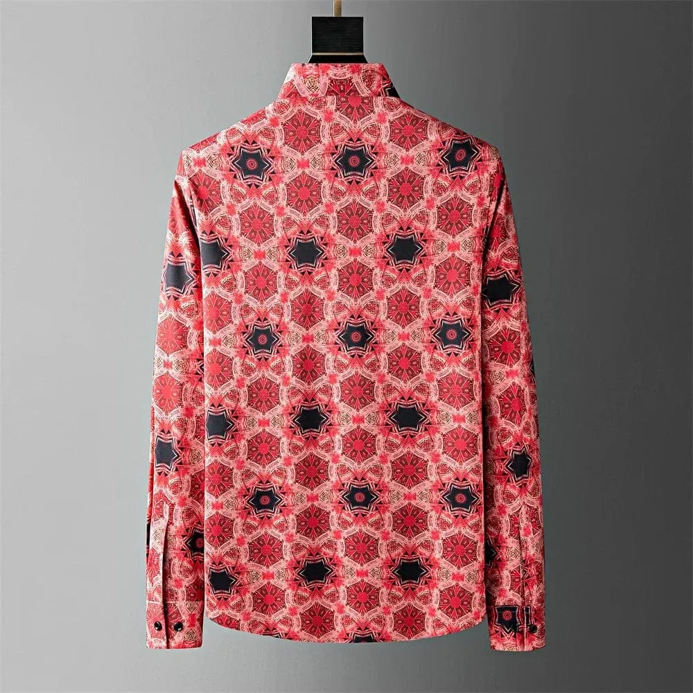 Men's Printed Geometric Pattern Shirt: Long Sleeve Slim Fit for Casual, Business, and Party Dressing