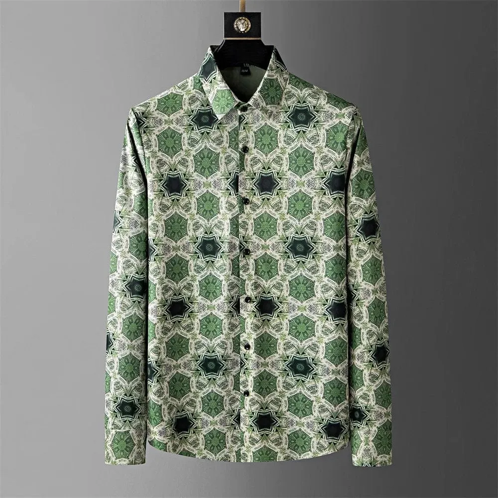 Men's Printed Geometric Pattern Shirt: Long Sleeve Slim Fit for Casual, Business, and Party Dressing