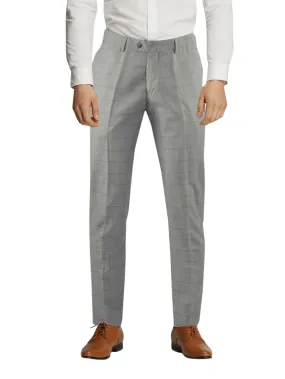 Men's Silver Double Line Windowpane Check Slim Fit Trousers