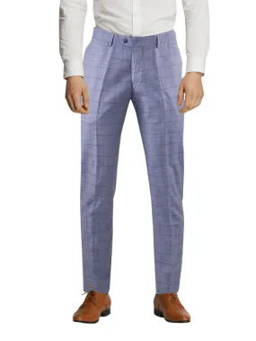 Men's Sky Blue Double Line Windowpane Check Slim Fit Trousers