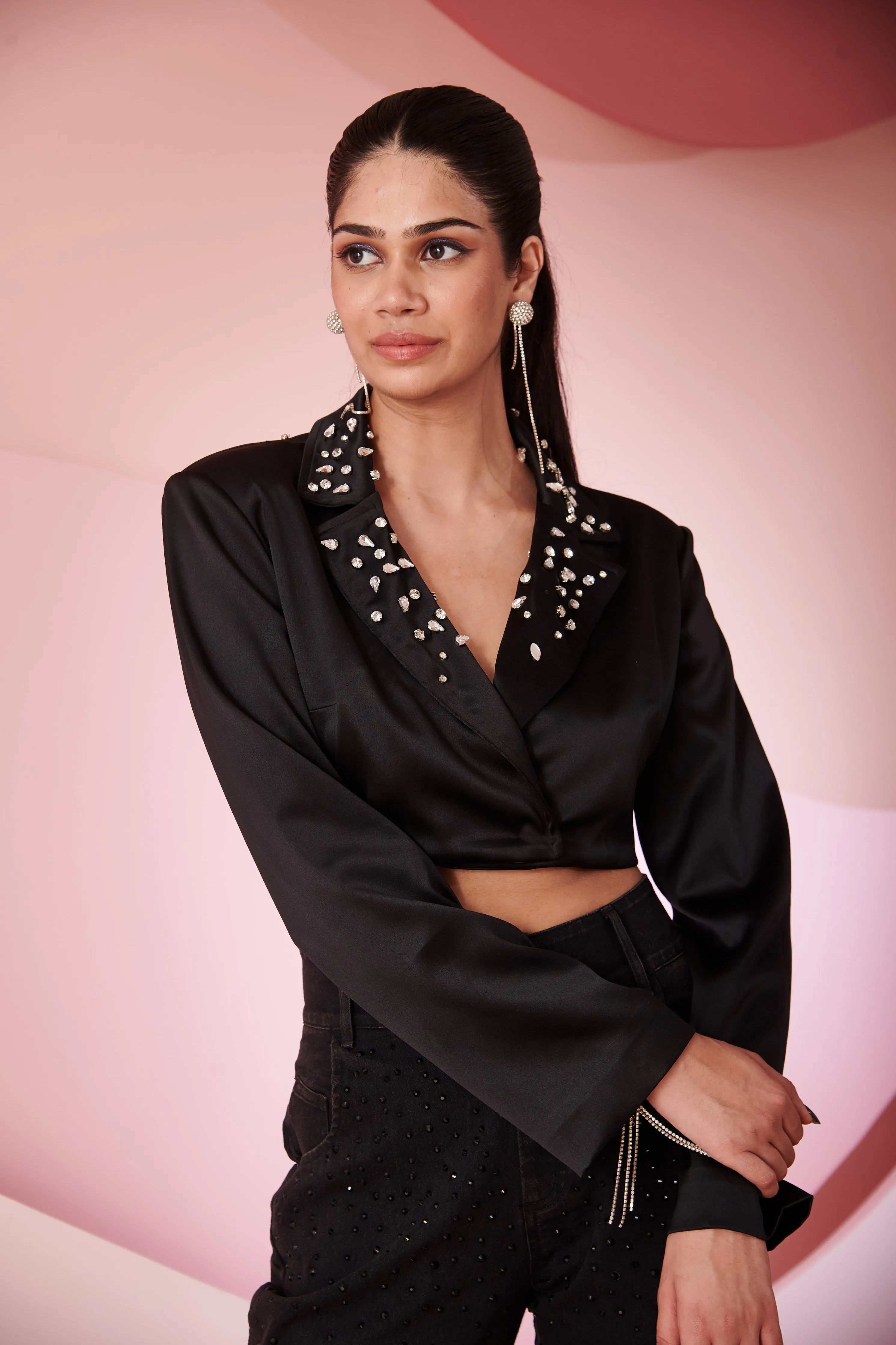 Mila Black Satin Crop Jacket