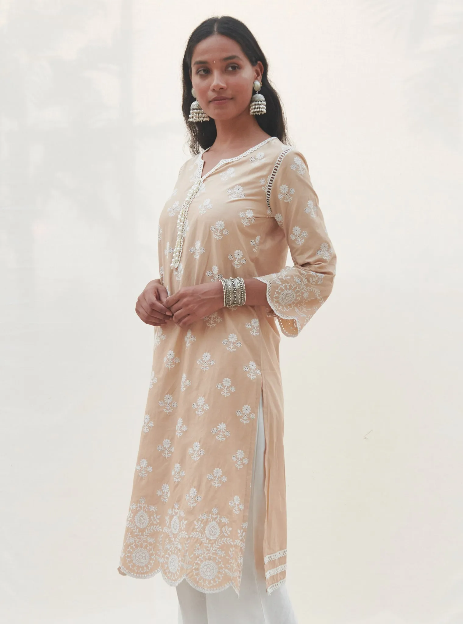 Mulmul Cotton Arpora Beige Kurta With Arpora White Pant