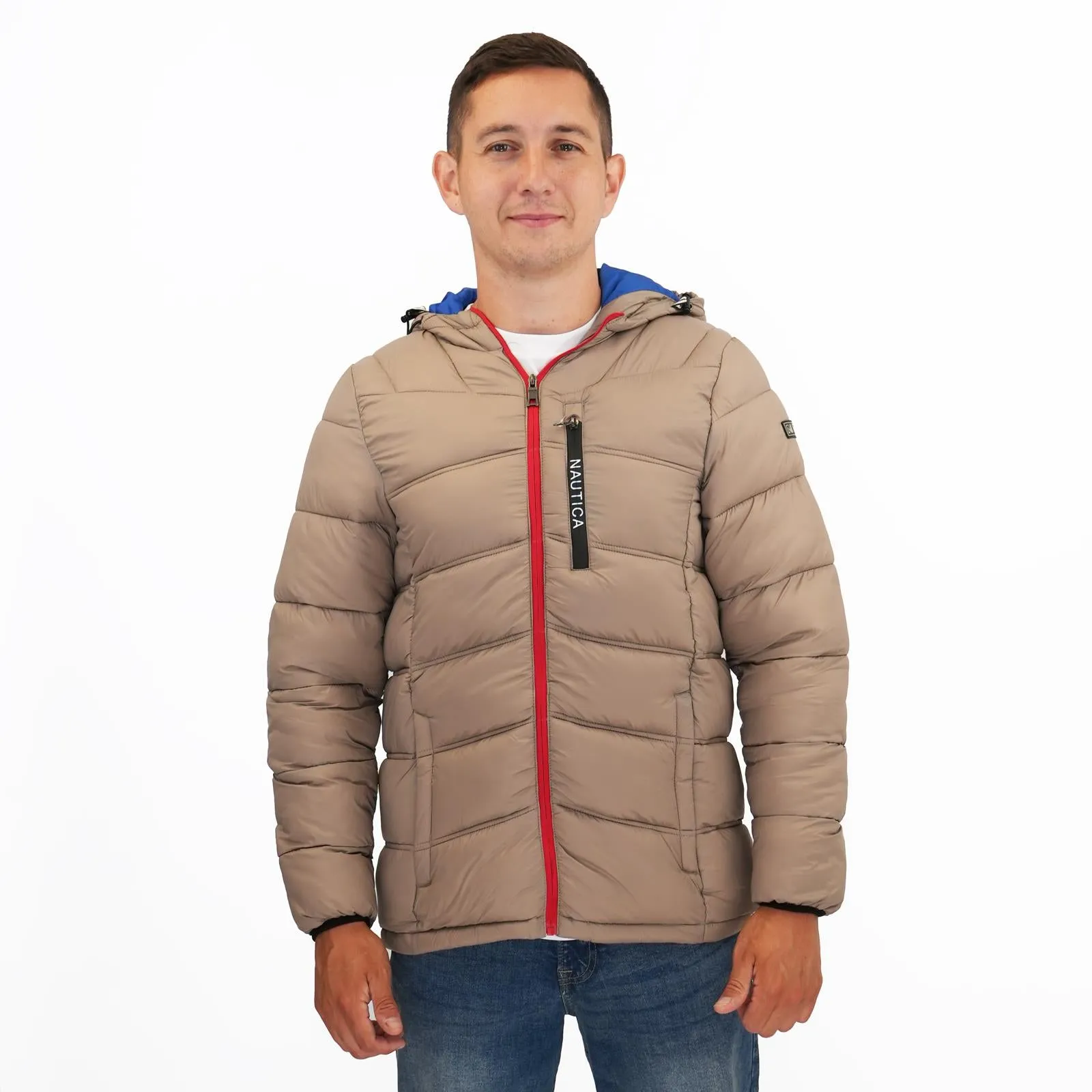 Nautica Mens Performance N83 Hooded Puffer Jacket Tan