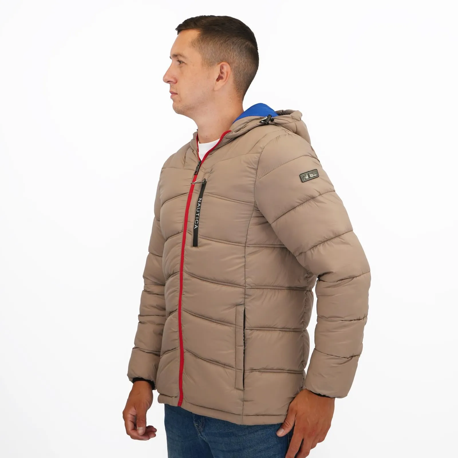 Nautica Mens Performance N83 Hooded Puffer Jacket Tan