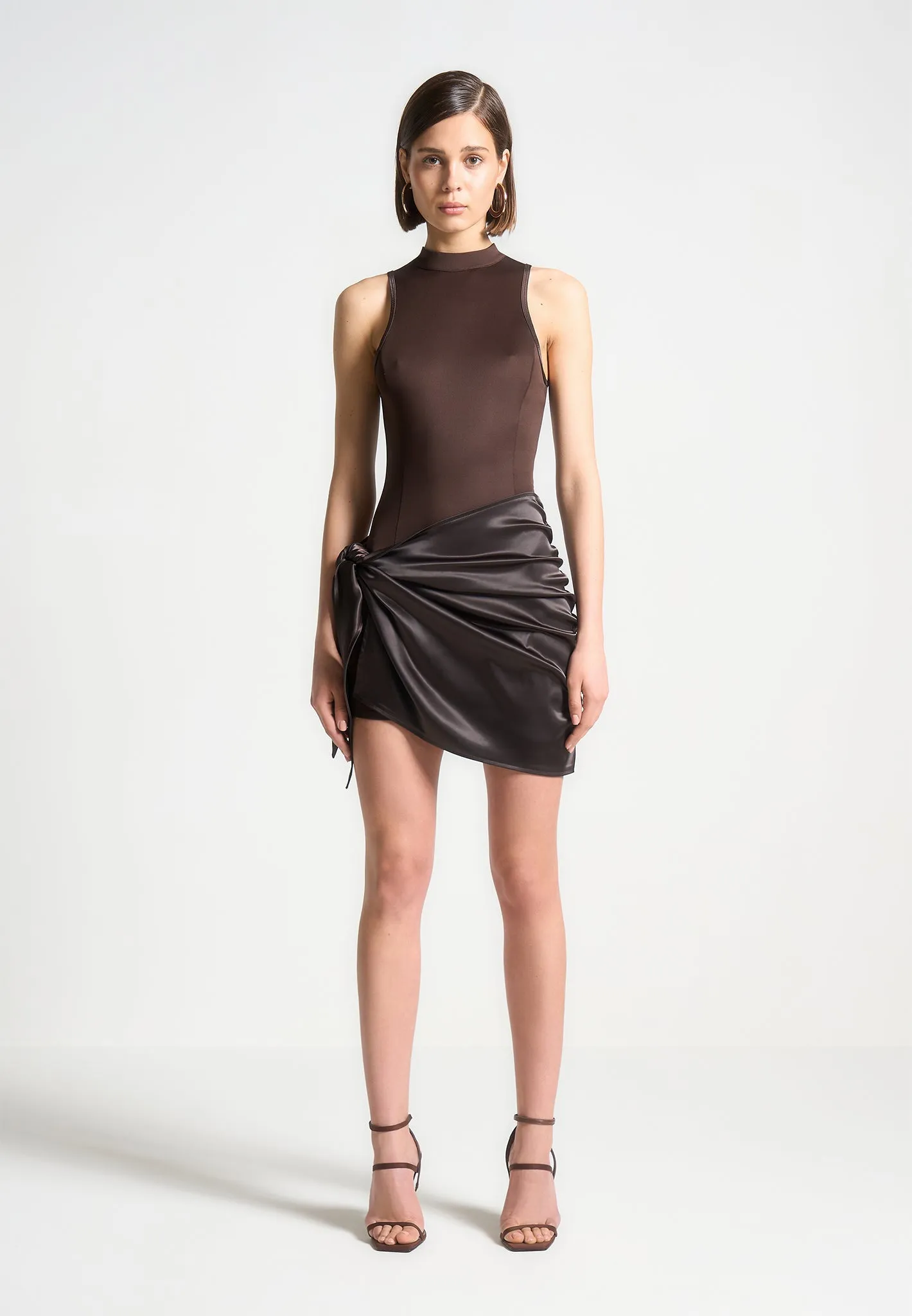 Neoprene & Satin Wrap Bodycon Dress - Brown