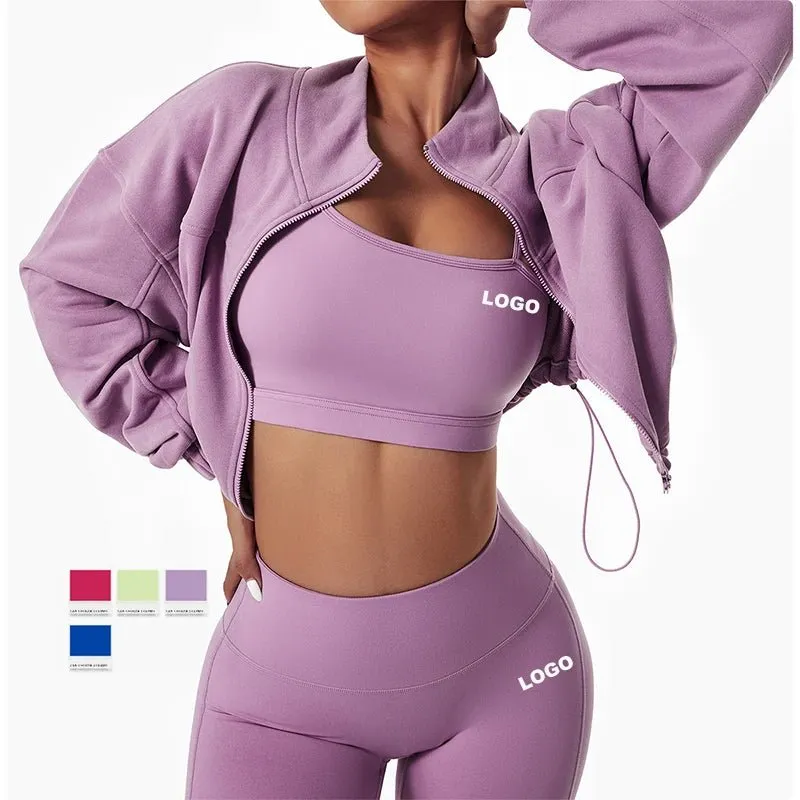 New Fitness Gym Sets 4-Piece Long Sleeve Hoodie Tracksuit Bra Leggings Workout Apparel Yoga Set for Women