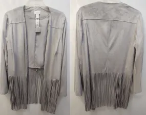 *NEW WITH TAG - CHICO'S FAUX SUEDE JACKET WITH FABULOUS 14" FRINGE IN A SILVERY DOVE GRAY - WOULD MAKE A WONDERFUL CHRISTMAS OR BIRTHDAY GIFT